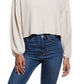 Blusa vintage feminina à prova de intempéries, com ombros caídos e manga balão, gola redonda, bege, tamanho médio