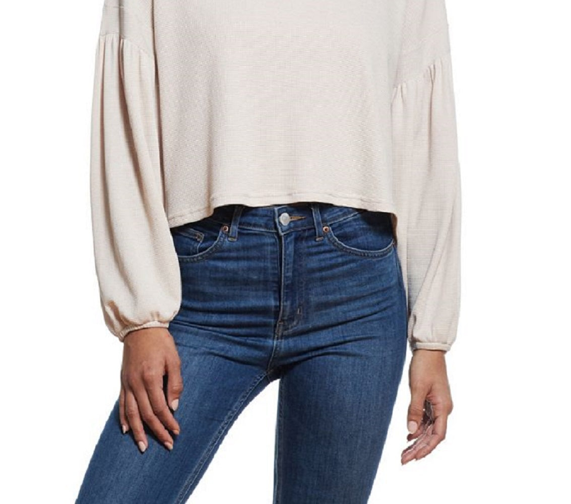 Blusa vintage feminina à prova de intempéries, com ombros caídos e manga balão, gola redonda, bege, tamanho médio