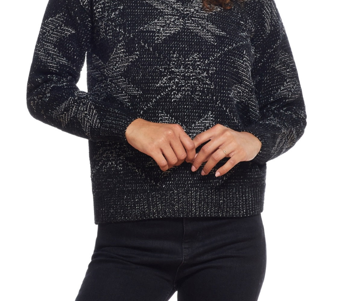 Suéter feminino vintage trançado em chenille com gola falsa e floco de neve, preto, tamanho grande, à prova de intempéries
