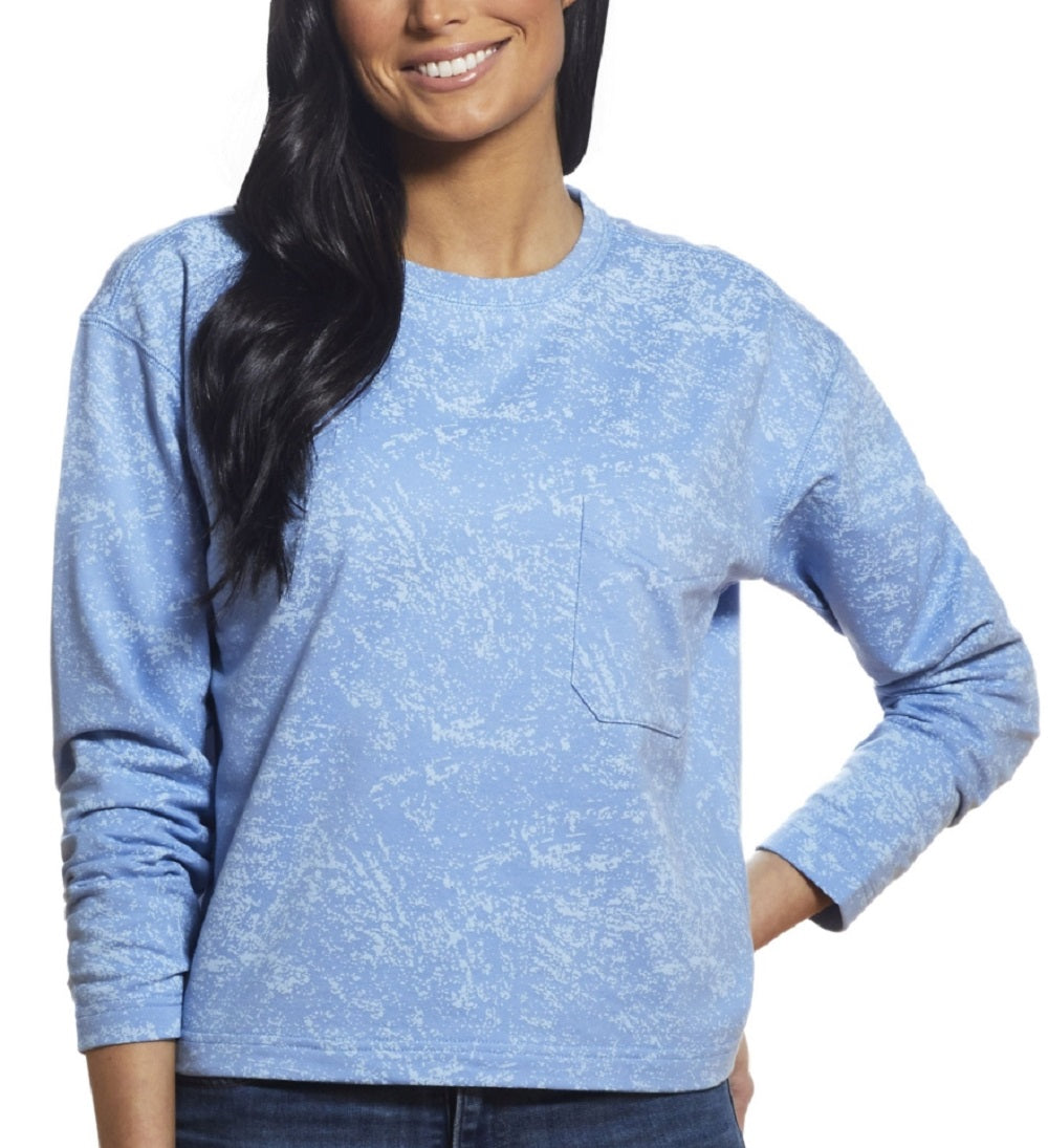 Blusa feminina com bolso no peito e gola redonda, azul, tamanho grande