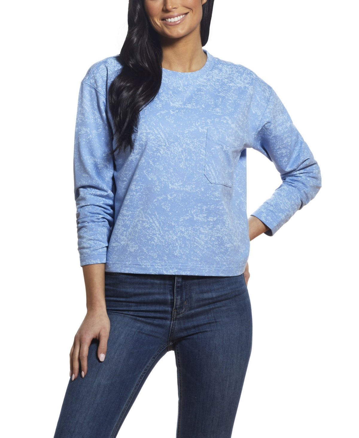 Blusa feminina com bolso no peito e gola redonda, azul, tamanho grande