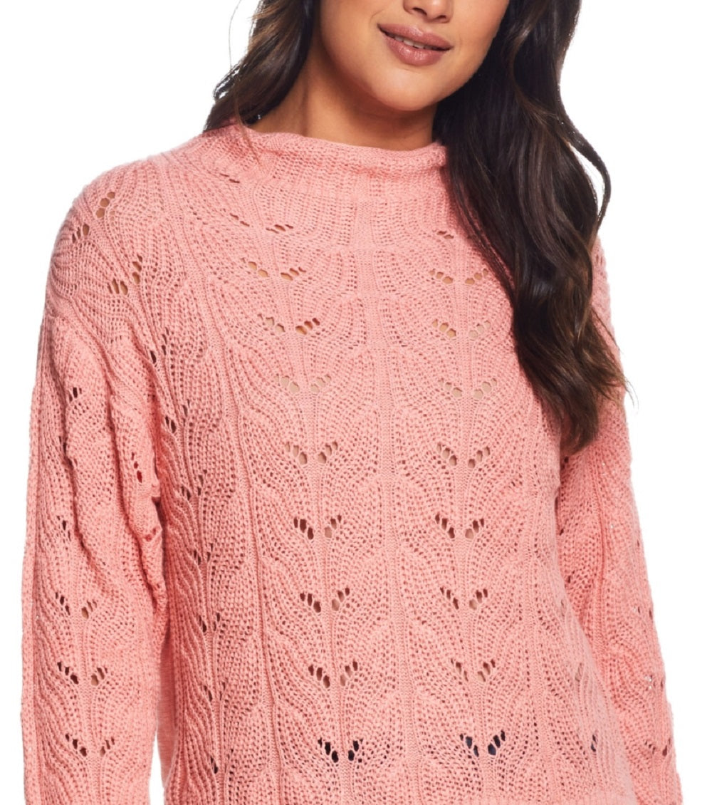 Suéter feminino Slub Pointelle com gola simulada rosa tamanho médio