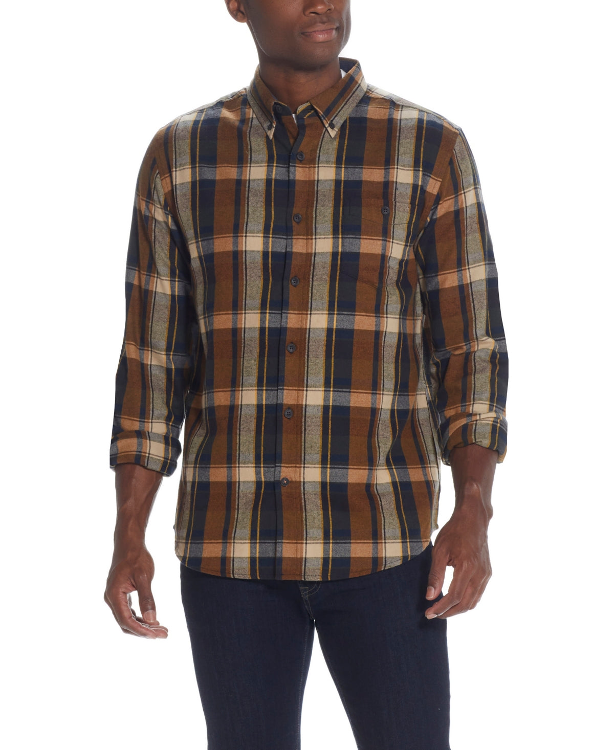 Camisa de flanela masculina vintage à prova de intempéries, mangas compridas, marrom, tamanho G