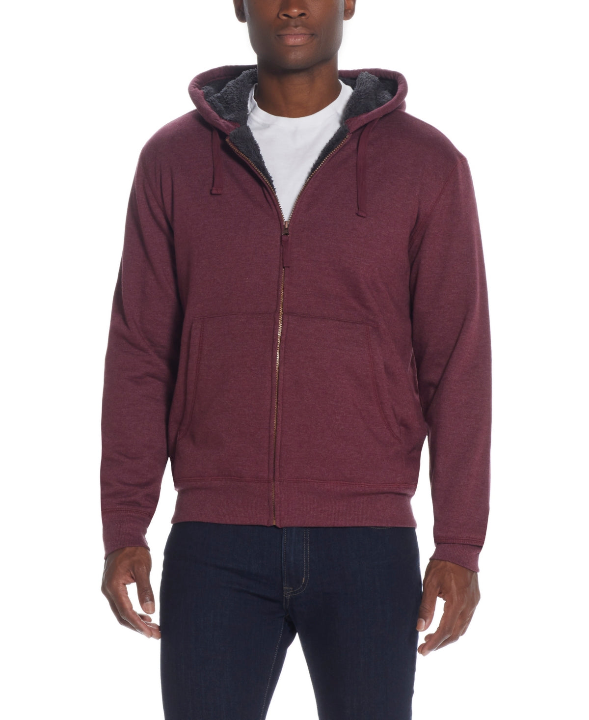 Moletom com capuz vintage masculino com zíper completo e forro de sherpa, vermelho, tamanho médio