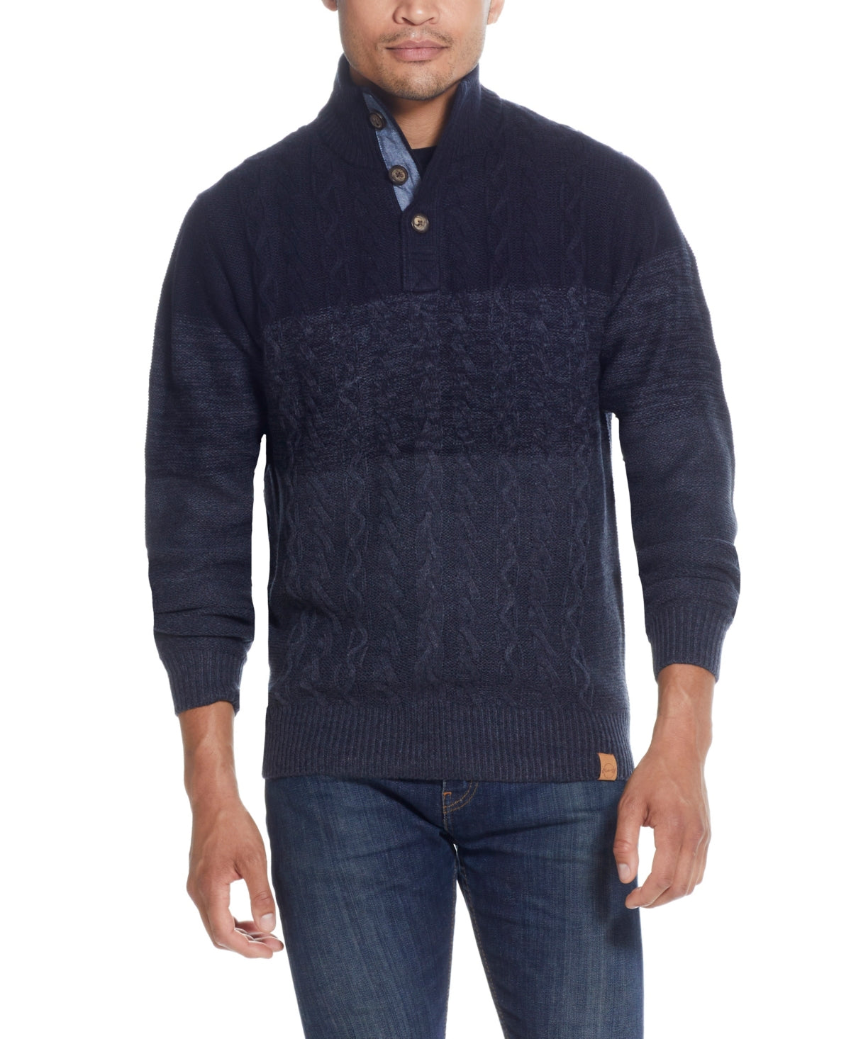 Suéter masculino vintage à prova de intempéries com botões e gola falsa, azul, tamanho grande