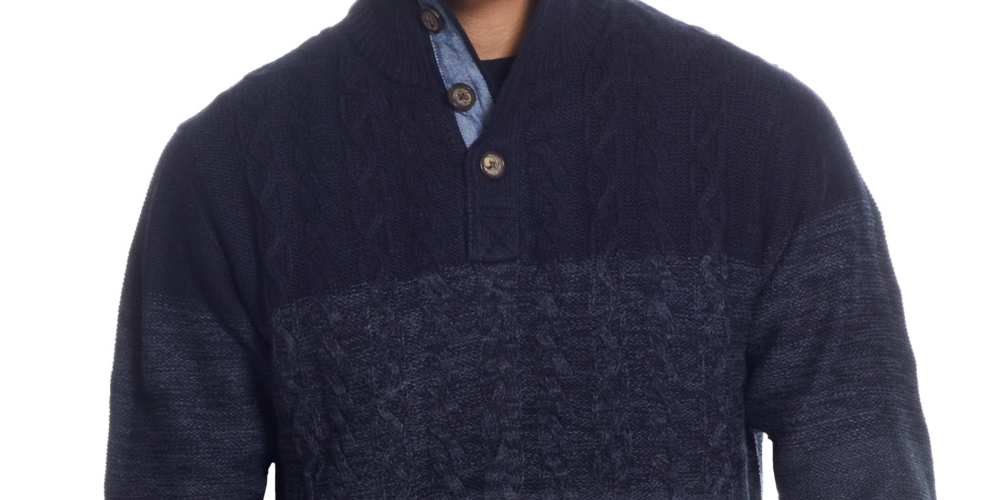 Suéter masculino vintage à prova de intempéries com botões e gola falsa, azul, tamanho extragrande