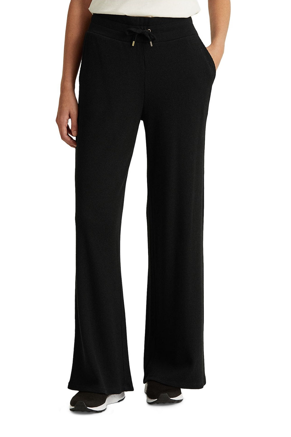 Calça térmica feminina Ralph Lauren com bolsos e cordão, preta, tamanho médio