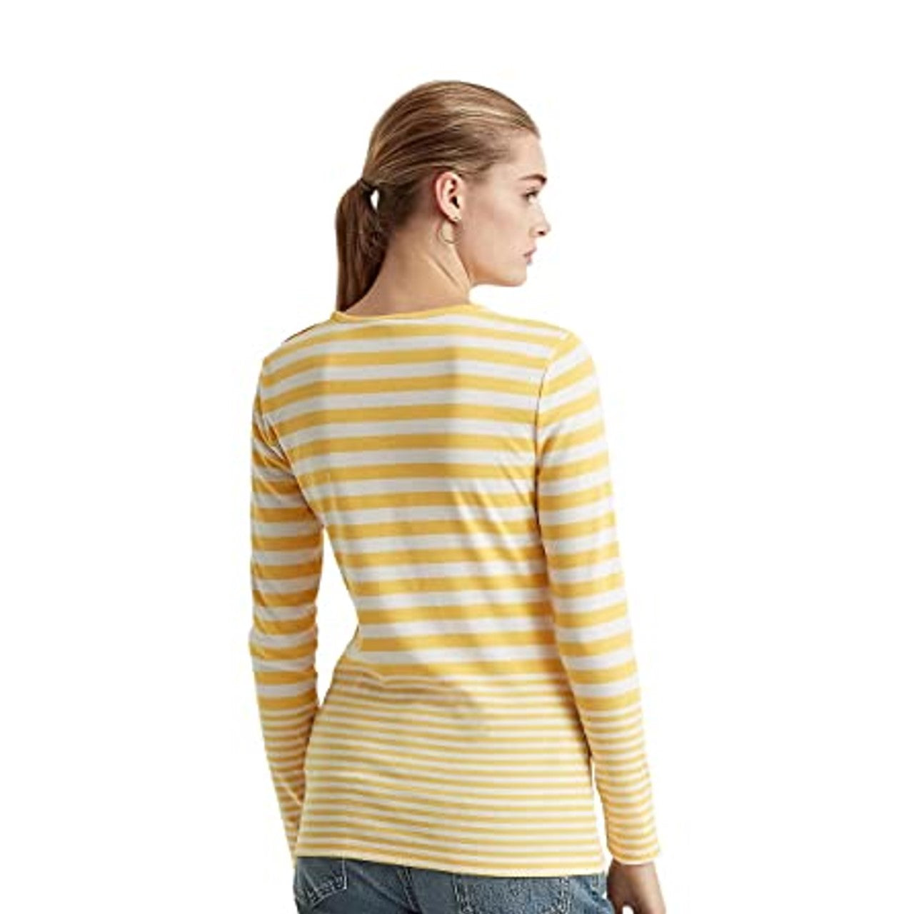 Blusa feminina de manga comprida com listras e acabamento em botões Lauren Ralph Lauren, amarela, tamanho XS