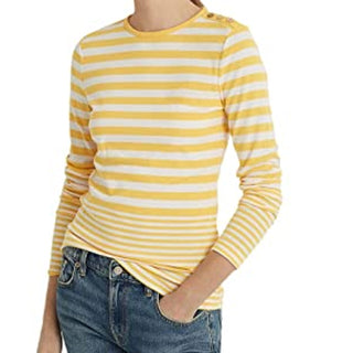 Blusa feminina de manga comprida com listras e acabamento em botões Lauren Ralph Lauren, amarela, tamanho XS