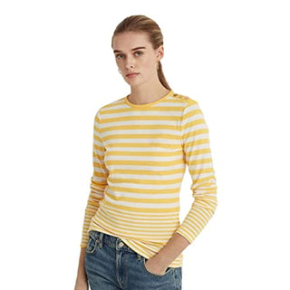 Blusa feminina de manga comprida com listras e acabamento em botões Lauren Ralph Lauren, amarela, tamanho XS