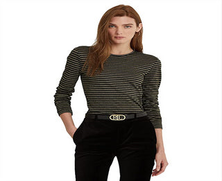 Camiseta Ralph Lauren Feminina Listrada Metálica Preta Tamanho P