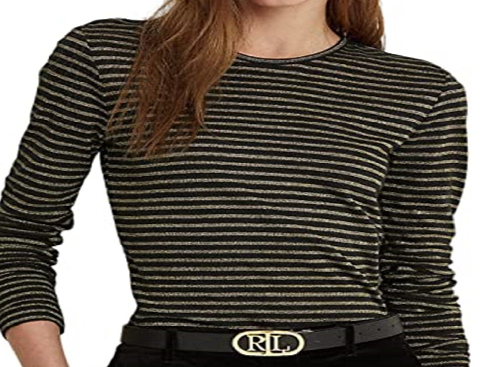 Camiseta Ralph Lauren Feminina Listrada Metálica Preta Tamanho P