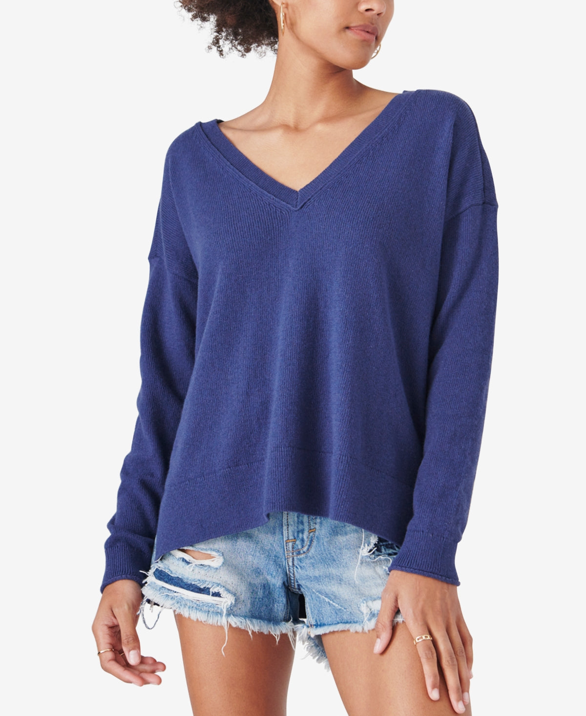 Suéter feminino Lucky Brand com decote em V e mistura de algodão, azul, tamanho médio