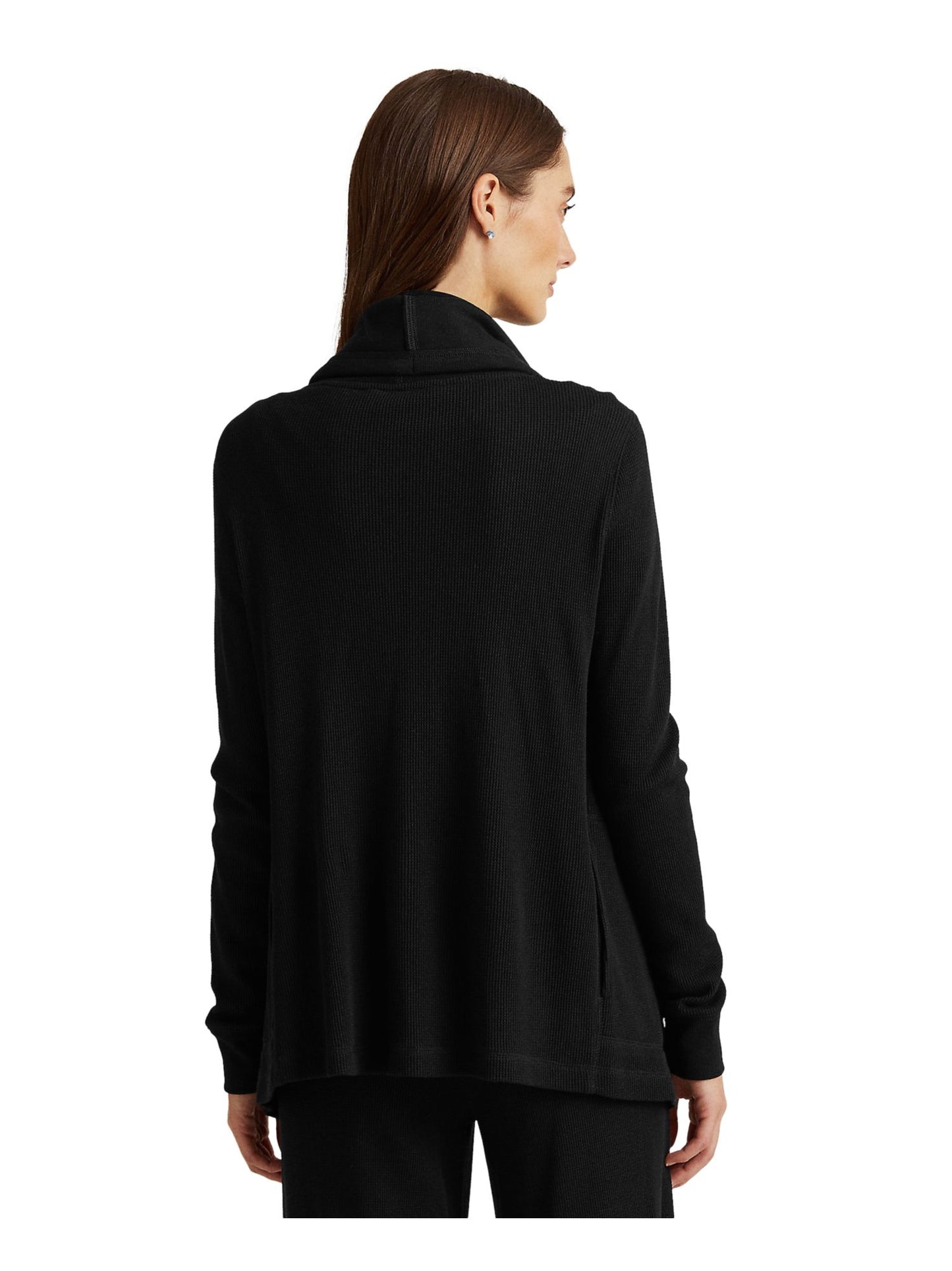 Jaqueta Ralph Lauren Feminina de Malha Waffle com Bolsos Elásticos e Manga Longa e Frente Aberta, Preta, Tamanho Médio