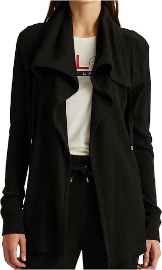 Jaqueta Ralph Lauren Feminina de Malha Waffle com Bolsos Elásticos e Manga Longa, Frente Aberta, Preta, Tamanho X-G