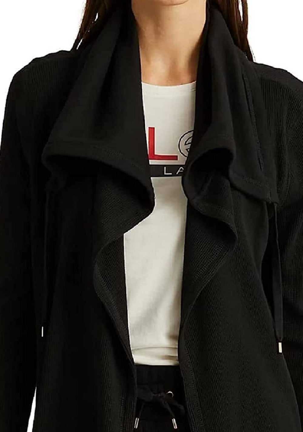 Jaqueta Ralph Lauren Feminina de Malha Waffle com Bolsos Elásticos e Manga Longa, Frente Aberta, Preta, Tamanho X-G