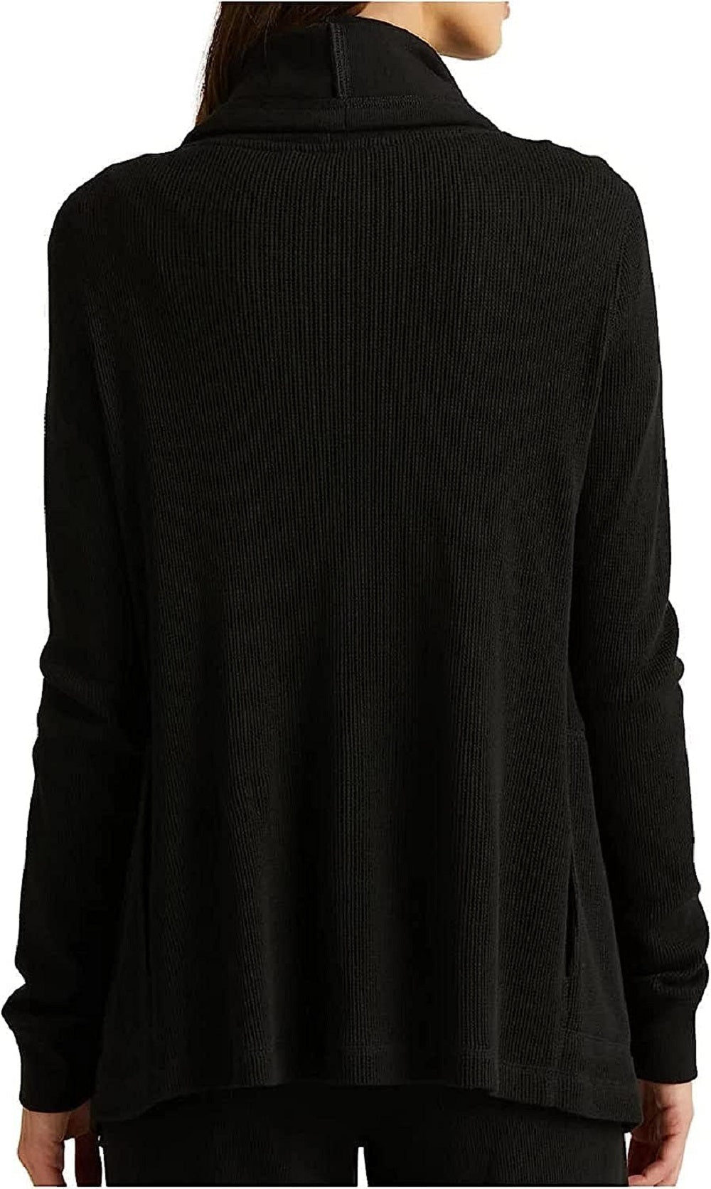 Jaqueta Ralph Lauren Feminina de Malha Waffle com Bolsos Elásticos e Manga Longa, Frente Aberta, Preta, Tamanho X-G