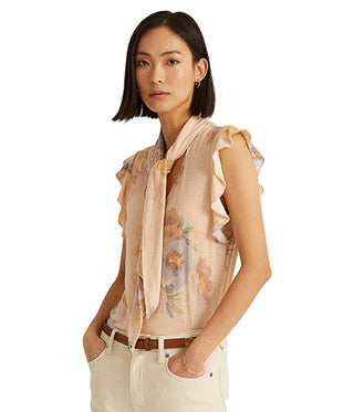 Blusa Ralph Lauren Feminina Floral Amarrada no Pescoço Marrom Tamanho Grande