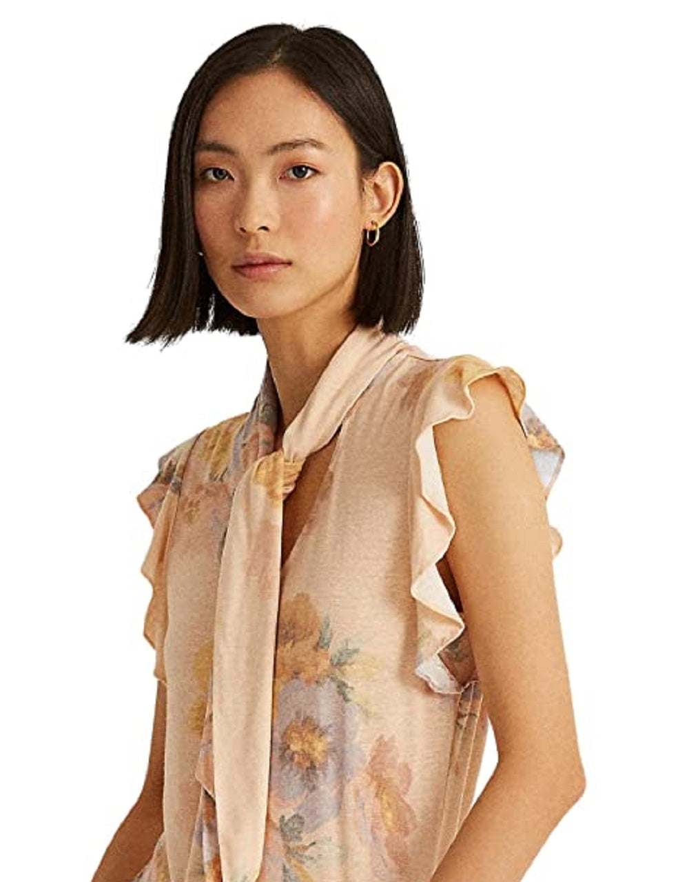 Blusa Ralph Lauren Feminina Floral Amarrada no Pescoço Marrom Tamanho Grande