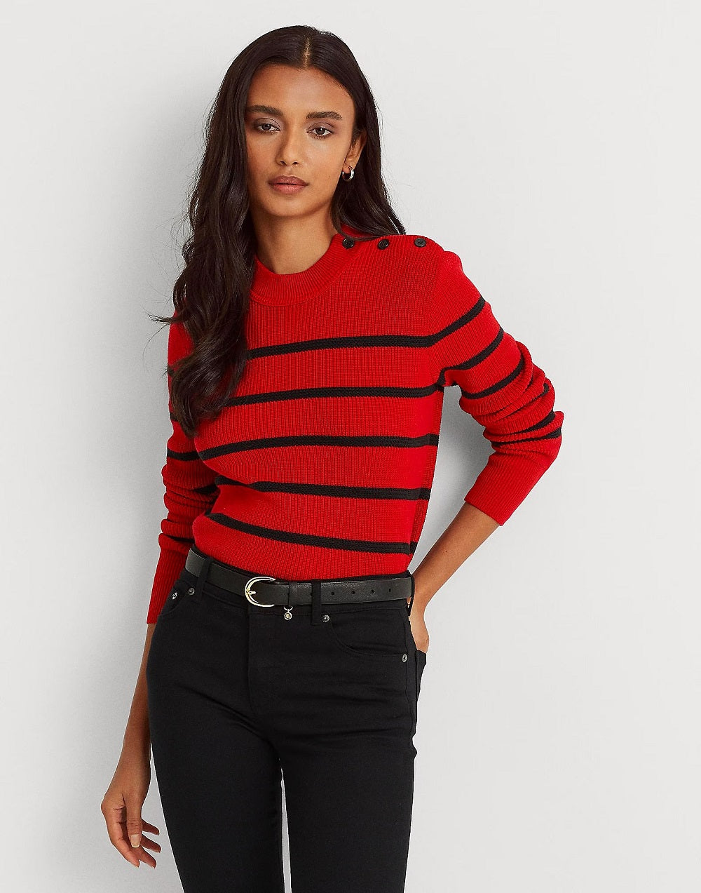 Suéter feminino listrado com gola falsa, tamanho pequeno, vermelho, Ralph Lauren