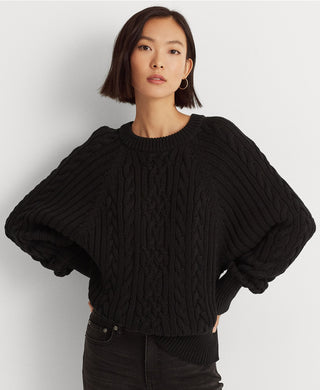 Suéter Ralph Lauren Feminino de Tricô Canelado com Manga Dolman e Gola Redonda, Preto, Tamanho Médio