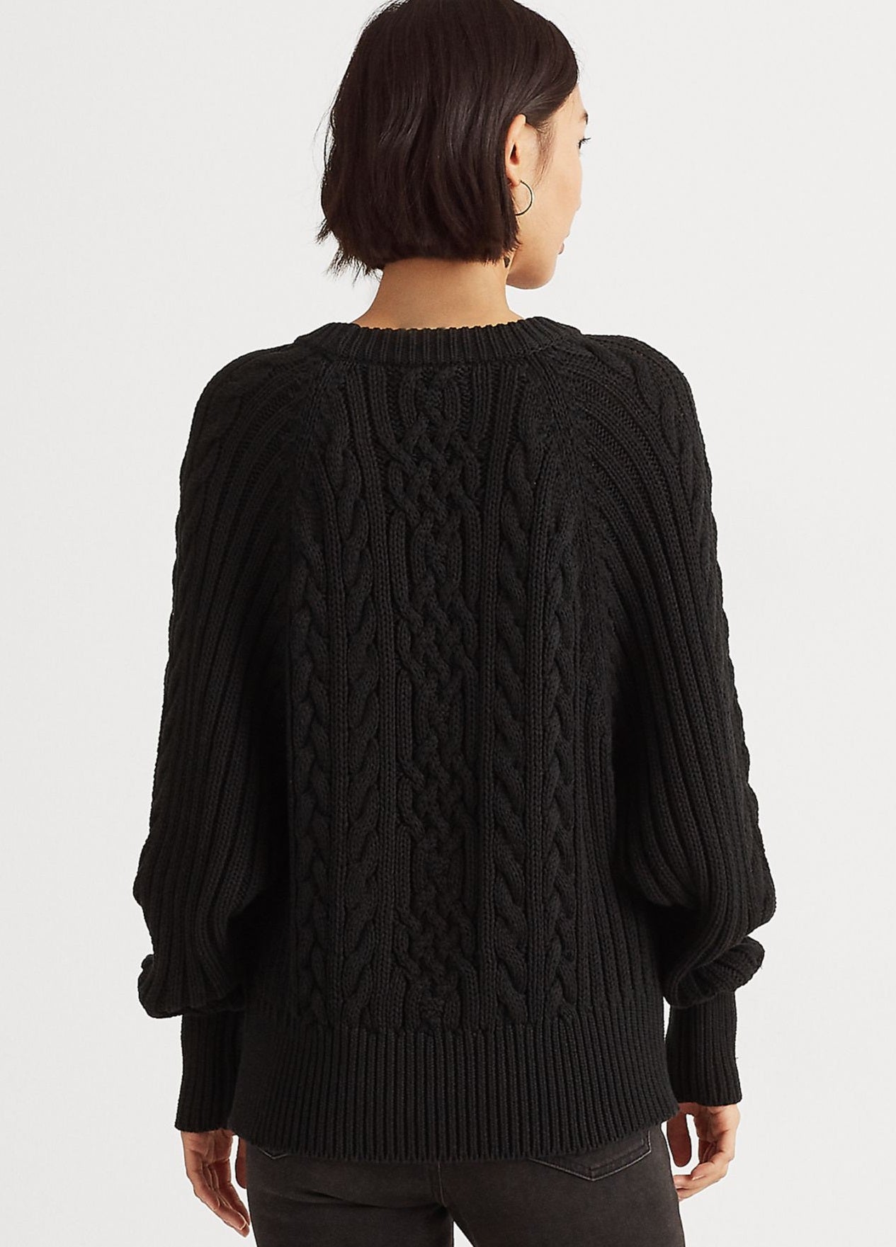 Suéter Ralph Lauren Feminino de Tricô Canelado com Manga Dolman e Gola Redonda, Preto, Tamanho Médio