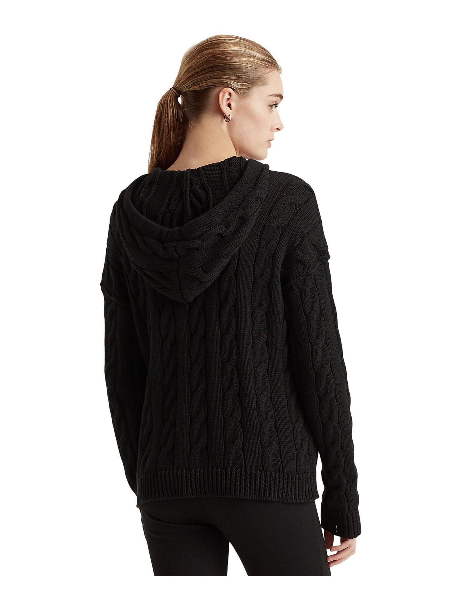 Suéter Ralph Lauren Feminino com Capuz e Cordão Canelado e Manga Longa, Preto, Tamanho Grande