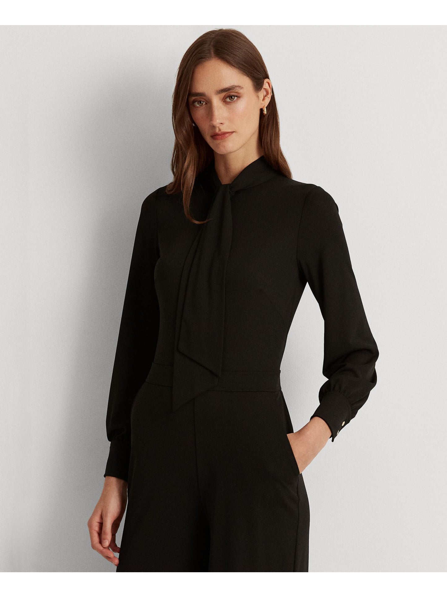 Macacão Ralph Lauren Feminino com Zíper, Bolsos, Manga Longa, Decote em V, Perna Larga, Preto, Tamanho 2