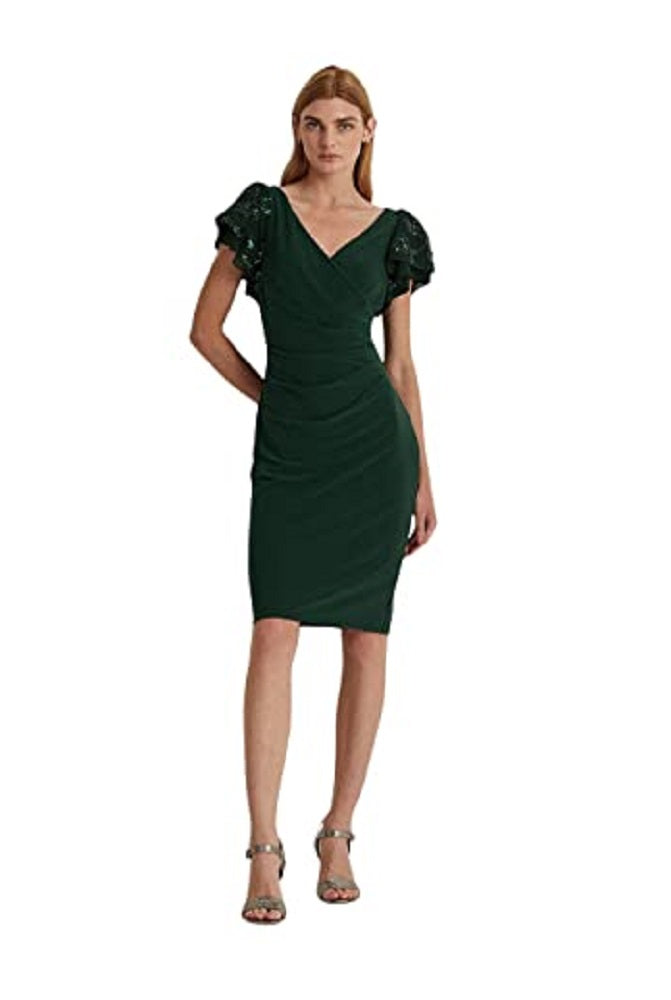 Vestido de coquetel Ralph Lauren feminino com manga de lantejoulas e malha verde, tamanho 18