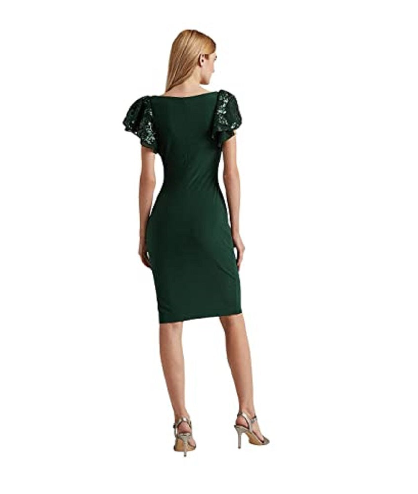 Vestido de coquetel Ralph Lauren feminino com manga de lantejoulas e malha verde, tamanho 18