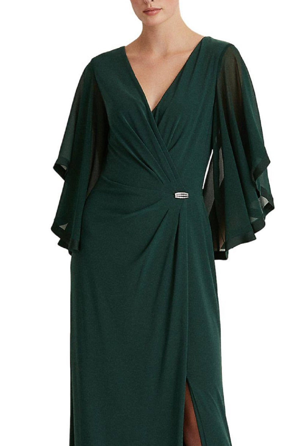 Vestido de noite longo com fenda e decote sobrepeliz, mangas e broche, tamanho 6, Ralph Lauren, feminino