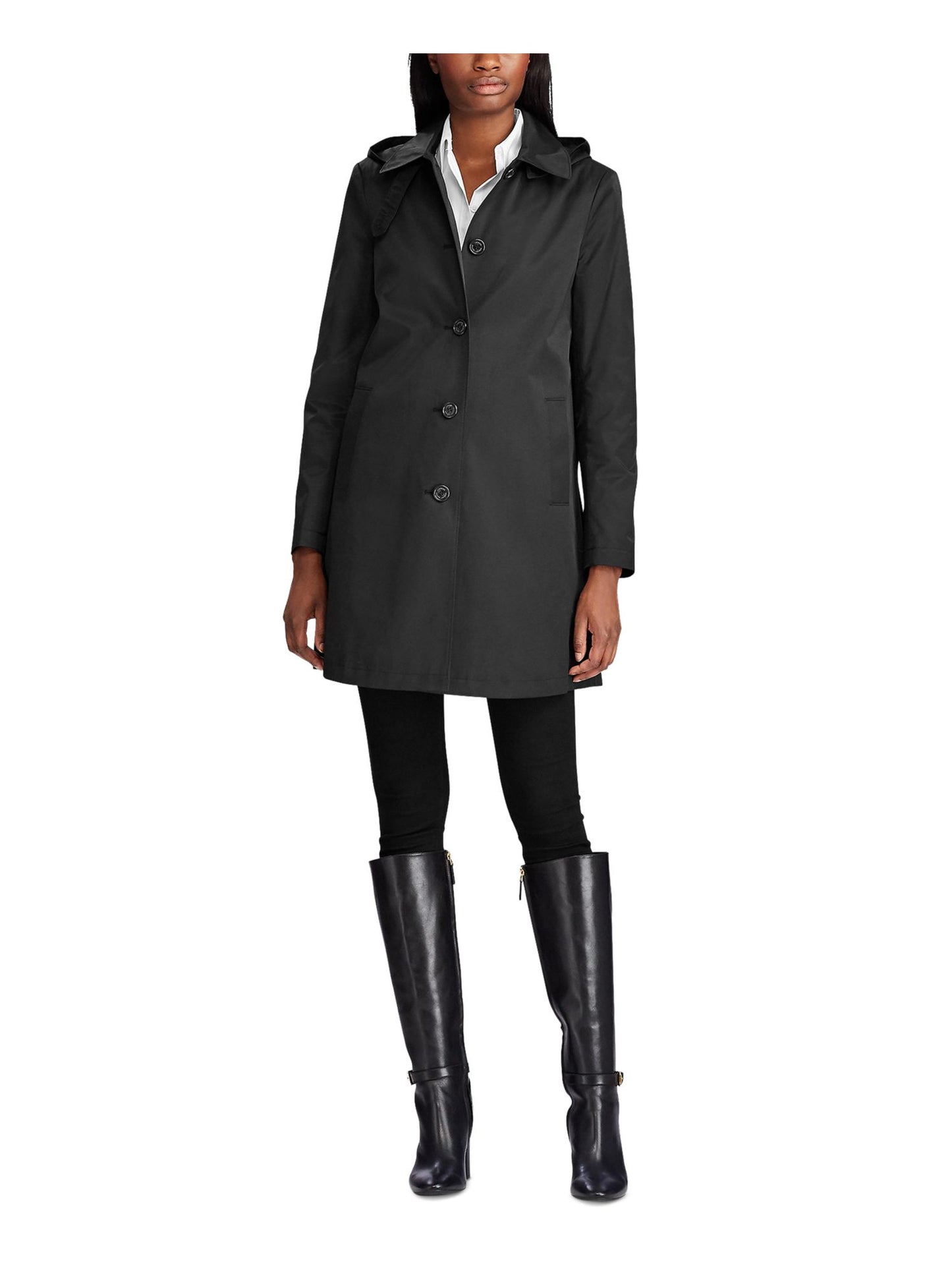 Ralph Lauren Balmacaan Capa de chuva com capuz feminina preta tamanho pequeno extrapequeno