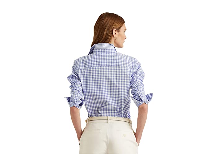 Blusa Ralph Lauren Feminina Xadrez com Mangas Punho e Gola Alta e Botões Azul Tamanho P