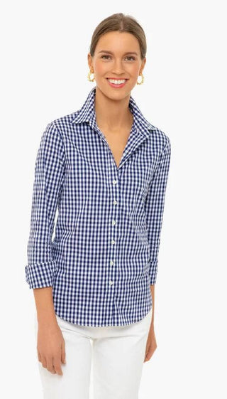 Camisa Ralph Lauren Feminina Easy Care de Algodão Gingham Azul Tamanho Grande