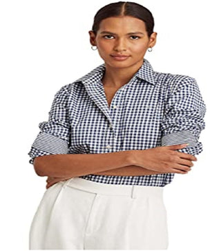 Camisa Ralph Lauren Feminina Easy Care de Algodão Gingham Azul Tamanho X-G