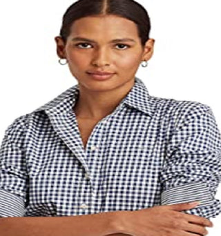 Camisa Ralph Lauren Feminina Easy Care de Algodão Gingham Azul Tamanho X-G