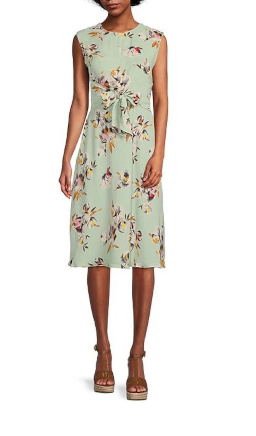 Vestido Ralph Lauren Feminino Texturizado com Zíper Forrado Floral Sem Mangas Gola Redonda Comprimento Joelho Vestível para Trabalho Verde Tamanho 8
