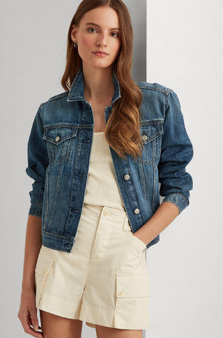 Jaqueta jeans feminina Ralph Lauren com bolsos e botões frontais, tamanho P, azul