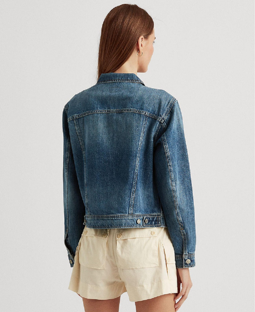 Jaqueta jeans feminina Ralph Lauren com bolsos e botões frontais, tamanho P, azul