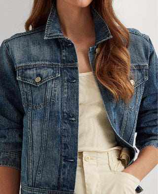 Jaqueta jeans feminina Ralph Lauren com bolsos e botões frontais, tamanho P, azul