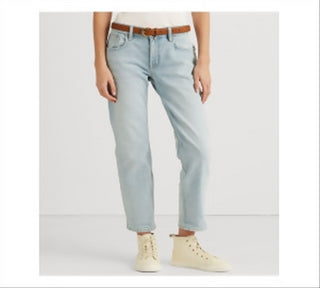 Calça jeans feminina Ralph Lauren, elástica, com zíper, bolsos, afunilada, cintura alta, azul, tamanho 8