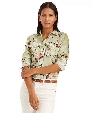 Camisa Ralph Lauren Feminina Floral de Algodão e Voile Verde Tamanho Médio