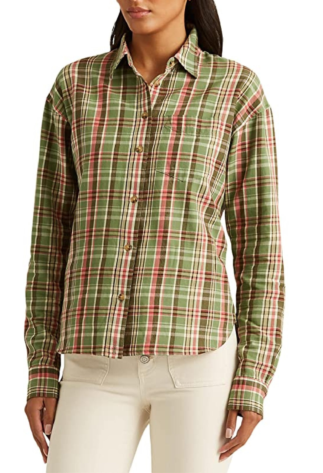 Camisa Ralph Lauren Feminina Xadrez Algodão Sarja Verde Tamanho Grande