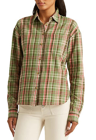 Camisa Ralph Lauren Feminina Xadrez Algodão Sarja Verde Tamanho Grande