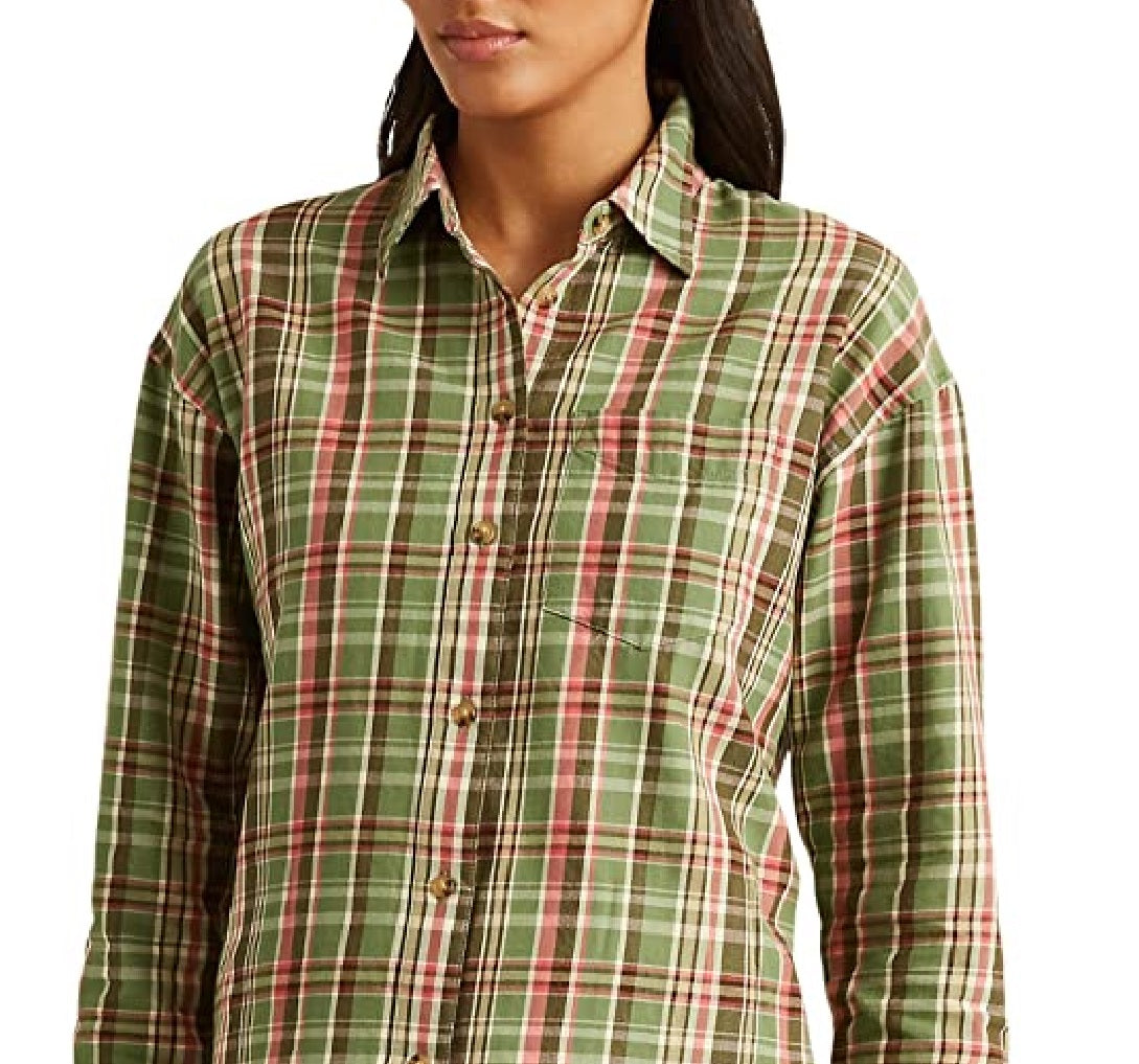 Camisa Ralph Lauren Feminina Xadrez Algodão Sarja Verde Tamanho Grande