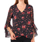 Blusa feminina Vince Camuto com estampa floral e mangas bufantes, preta, tamanho extragrande