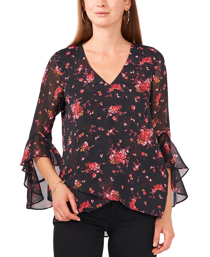 Blusa feminina Vince Camuto com estampa floral e mangas bufantes, preta, tamanho extragrande