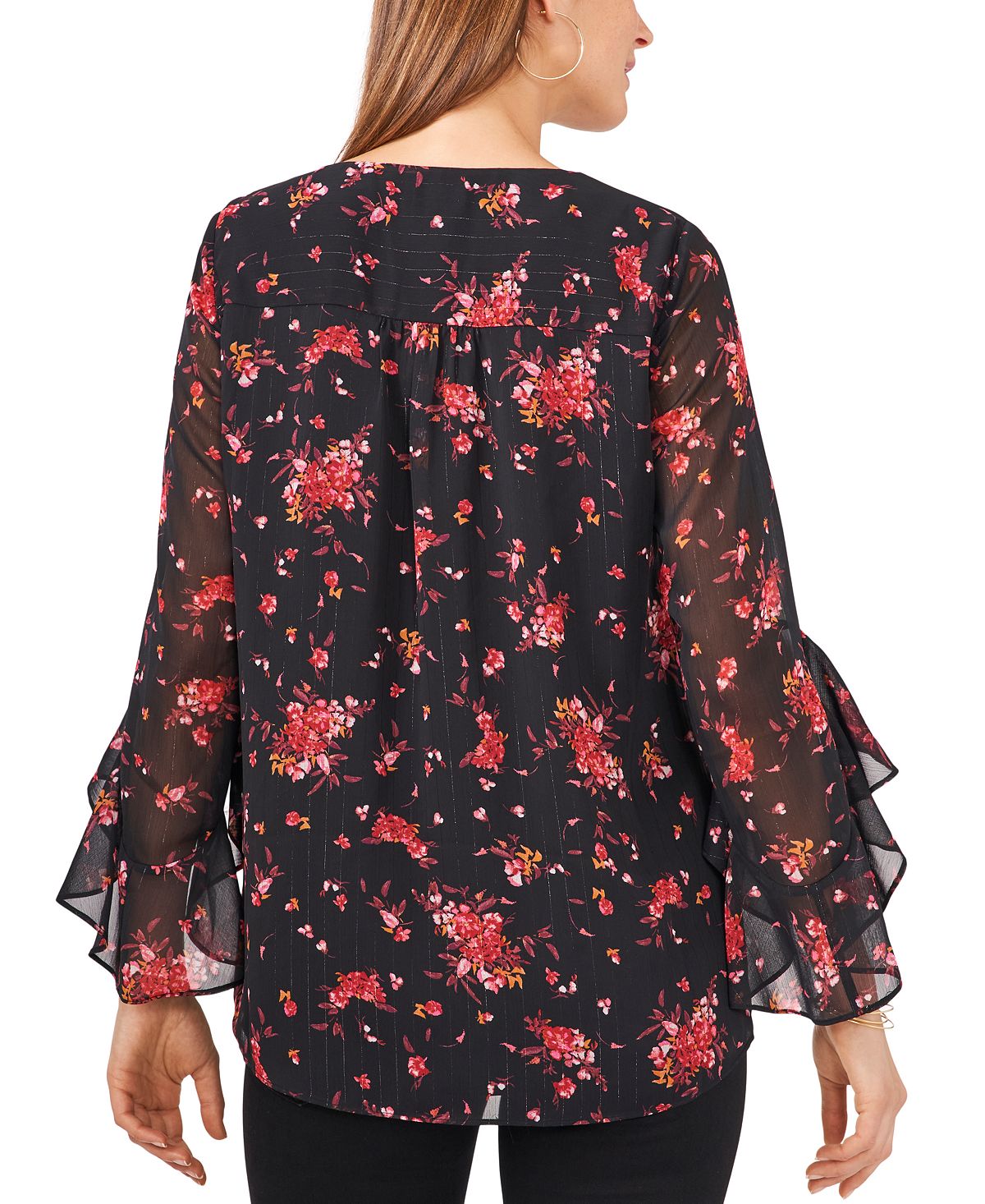 Blusa feminina Vince Camuto com estampa floral e mangas bufantes, preta, tamanho extragrande