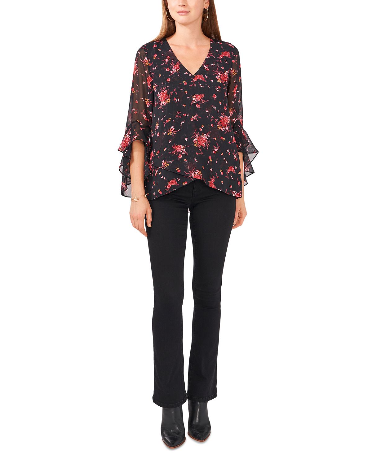 Blusa feminina Vince Camuto com estampa floral e mangas bufantes, preta, tamanho extragrande