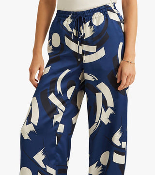 Calça feminina Ralph Lauren com estampa geométrica Charmeuse, perna larga, azul, tamanho pequeno